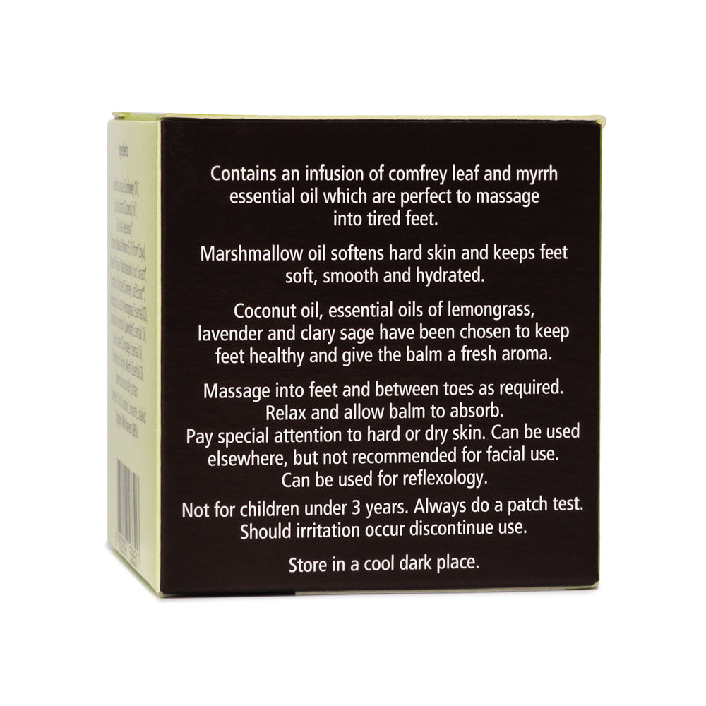 Lyonsleaf foot balm box side with instruction on how to use and key ingredients coconut oil, lemongrass and lavender on white background