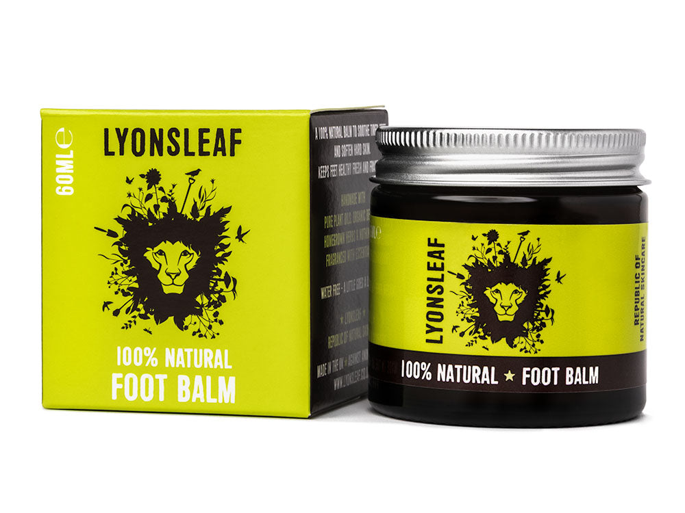 Lyonsleaf 100% Natural Foot balm for reflexology box and jar with green label on white background