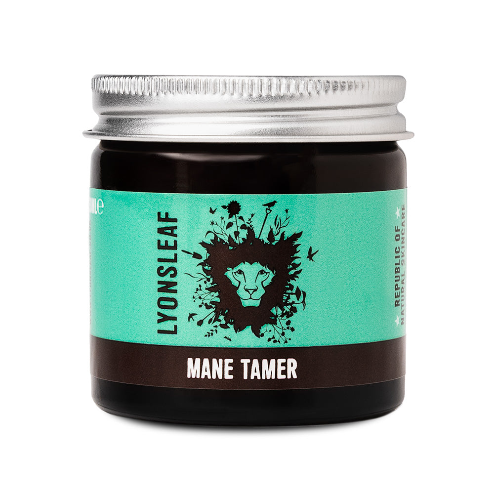 Jar of Mane Tamer for hair by Lyonsleaf with a black and turquoise label on a white background