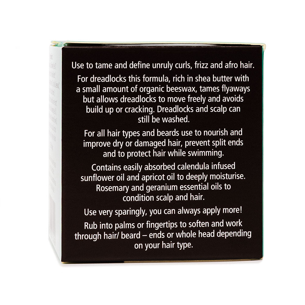 Lyonsleaf Mane Tamer Hair wax instructions for curls, beards, dreadlocks, plus key plant-based ingredients