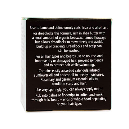 Lyonsleaf Mane Tamer Hair wax instructions for curls, beards, dreadlocks, plus key plant-based ingredients