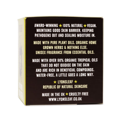 Lyonsleaf 100% Natural Body butter box side with information on vegan, unisex, 98% organic ingredients, water-free, made in the UK