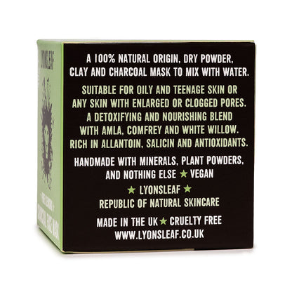 Lyonsleaf Pore cleansing charcoal face mask box side with information for oily and teenage skin suitability. 