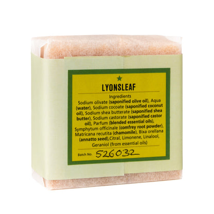 Bar of citrus and rosemary soap with Lyonsleaf branding and ingredient list on a white background