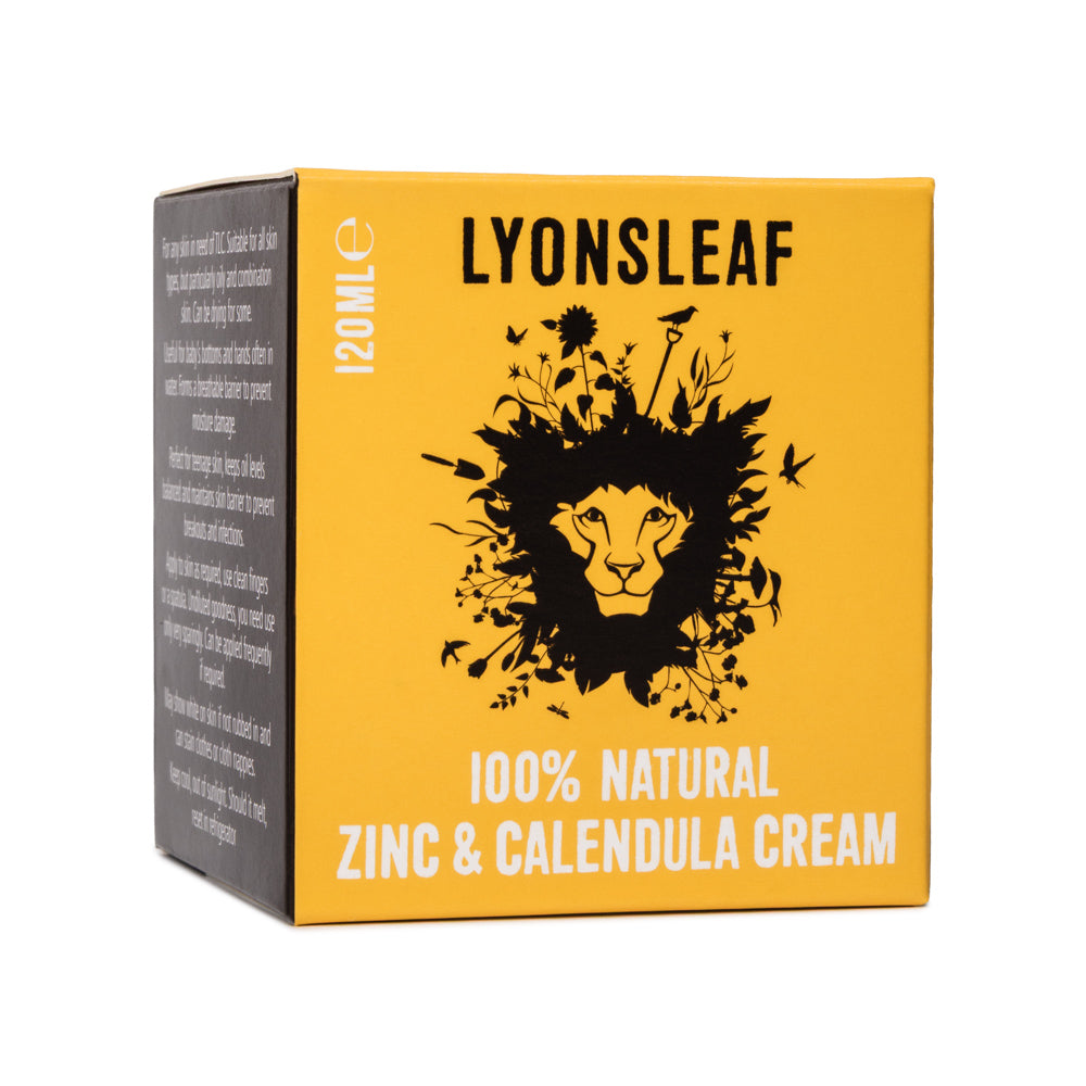 Box of Lyonsleaf 100% Natural Zinc &amp; Calendula Cream for skincare on a yellow background