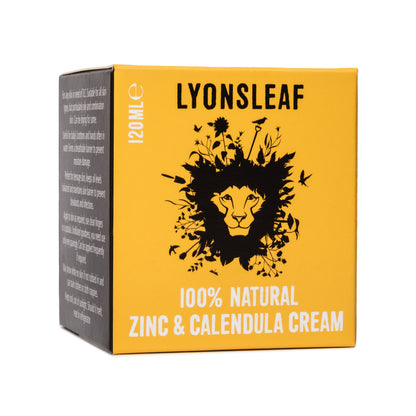 Box of Lyonsleaf 100% Natural Zinc &amp; Calendula Cream for skincare on a yellow background