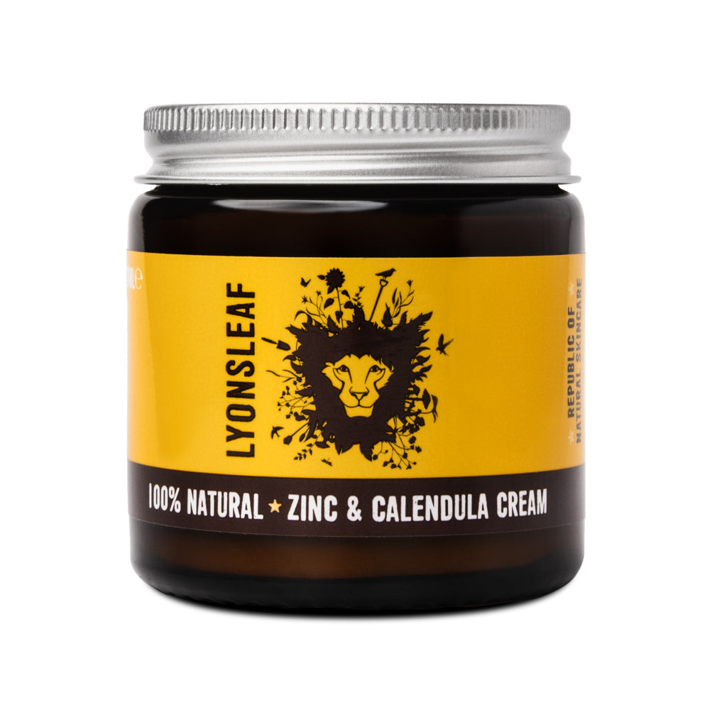 Jar of Lyonsleaf 100% Natural Zinc &amp; Calendula Cream with yellow label and silver lid. 120ml nappy cream.