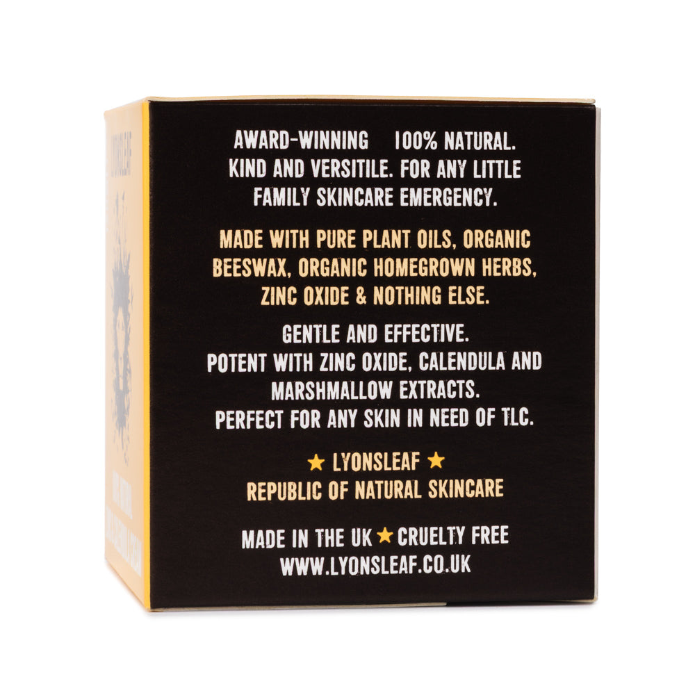 Lyonsleaf skincare product packaging, family emergency skincare, made with plant oils, beeswax and minerals, made in the UK on a white background