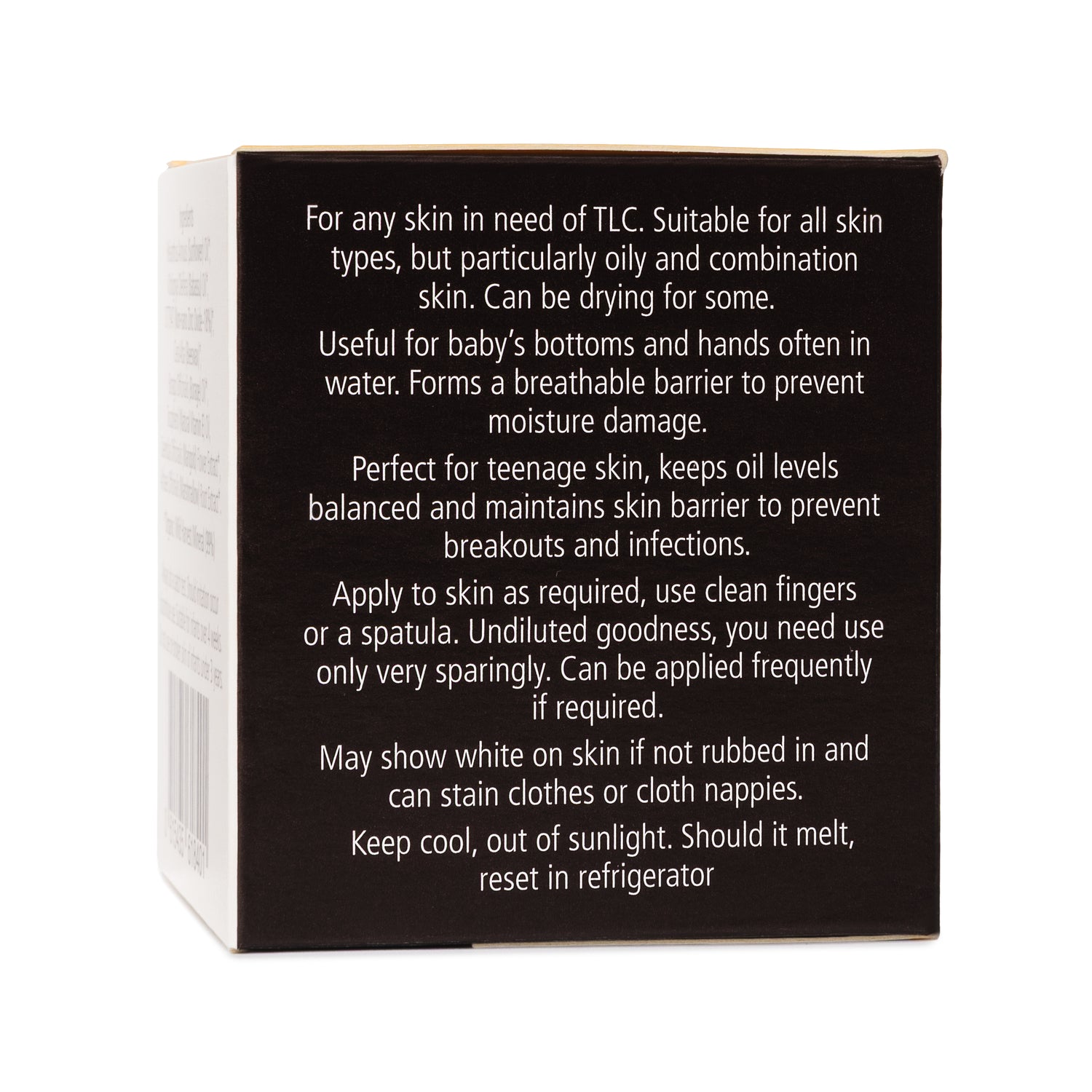 Product packaging with text information on how to use to for nappy rash and problem skin on a white background