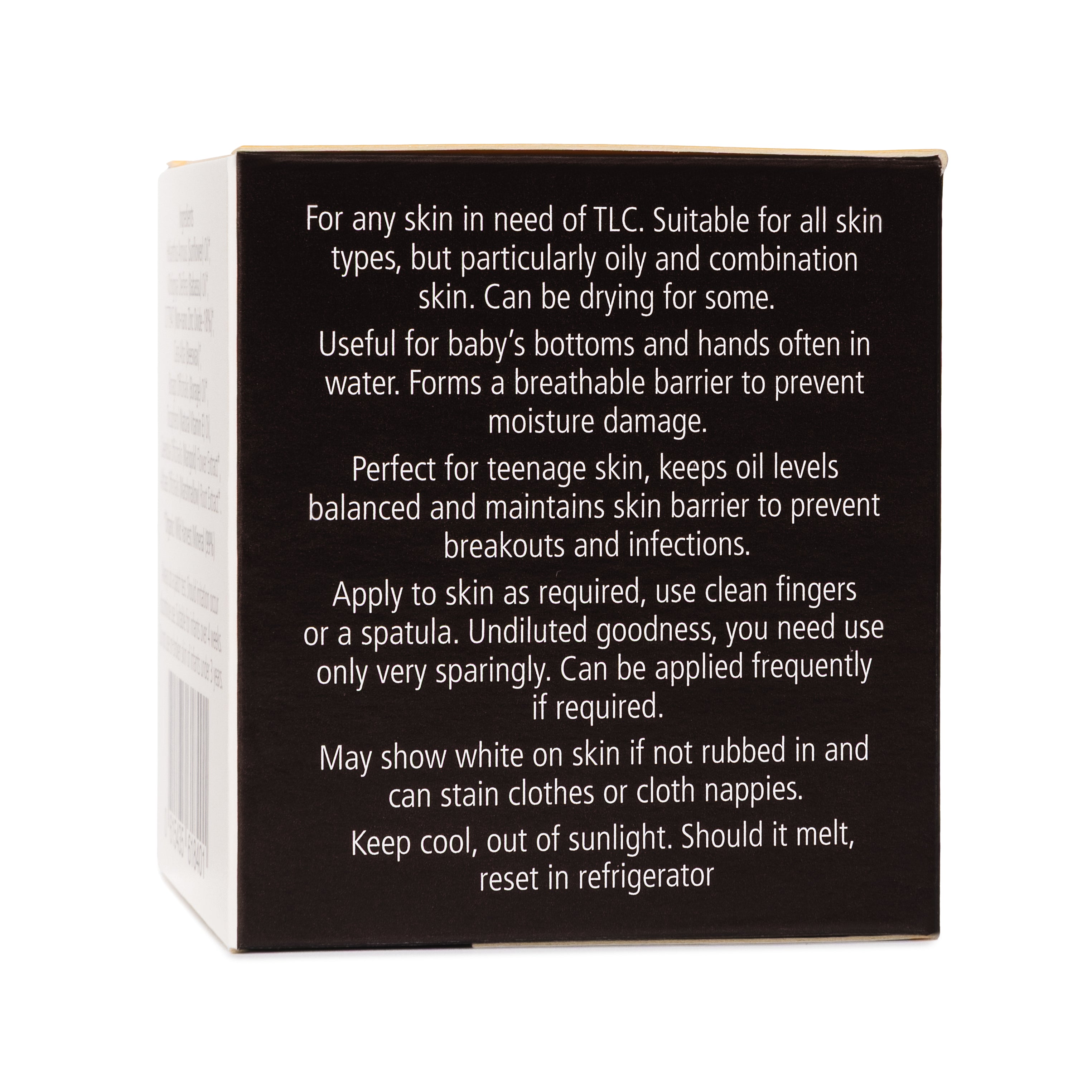 Product packaging with text information on how to use to for nappy rash and problem skin on a white background