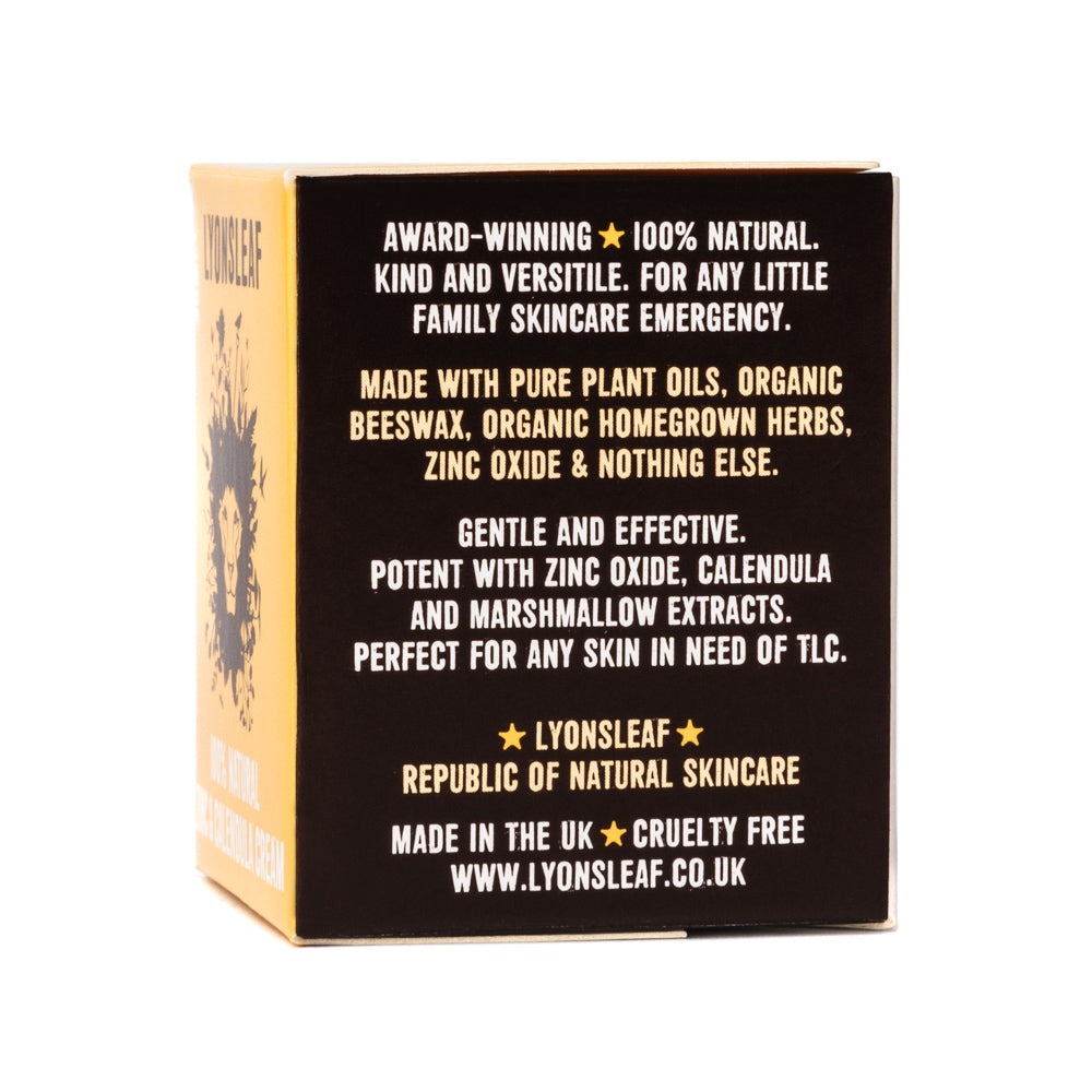 Lyonsleaf skincare product packaging, family emergency skincare, made with plant oils, beeswax and minerals, made in the UK on a white background
