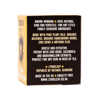 Lyonsleaf skincare product packaging, family emergency skincare, made with plant oils, beeswax and minerals, made in the UK on a white background